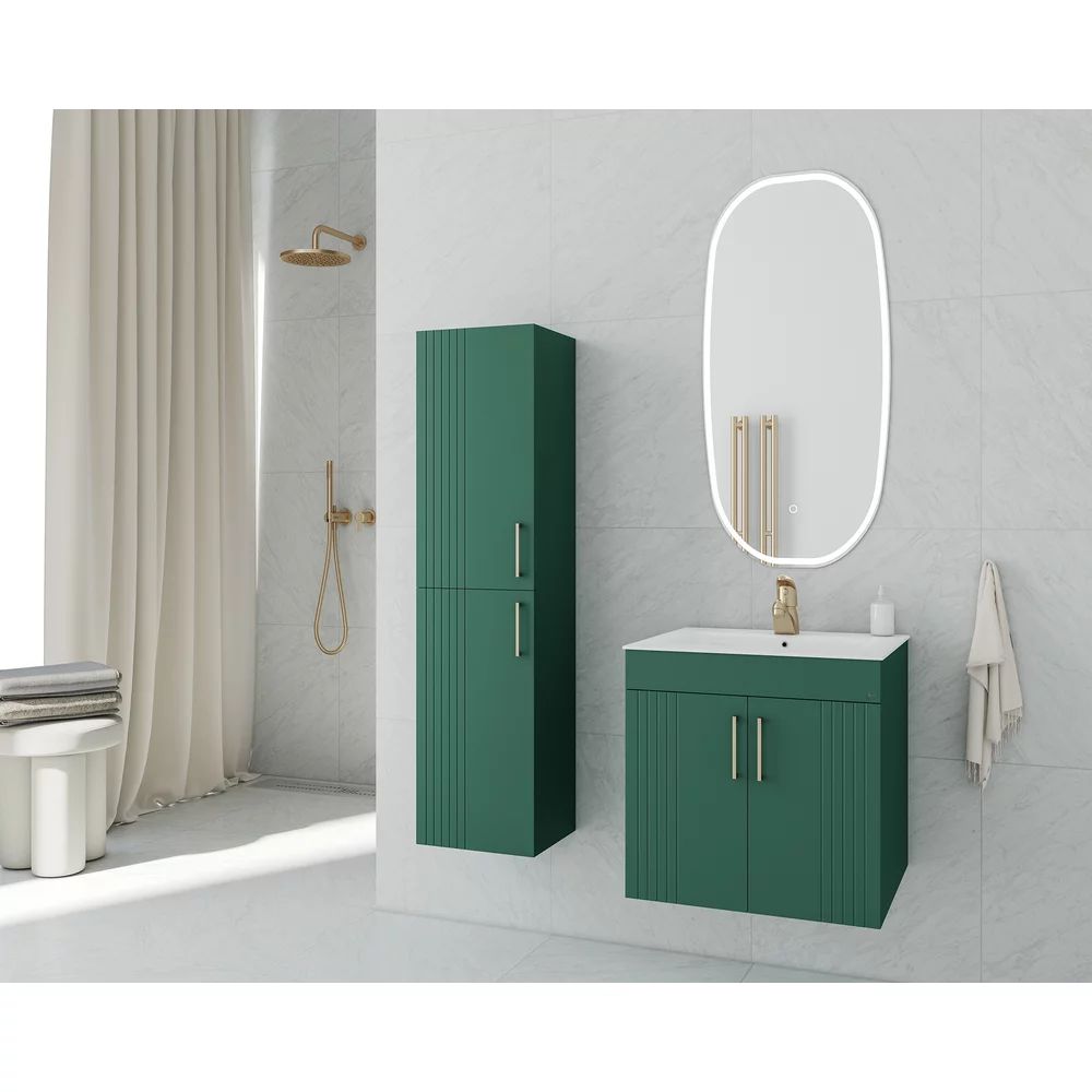 Set dulap baza suspendat Drop Lines Hera verde cu 2 usi si lavoar alb 50 cm