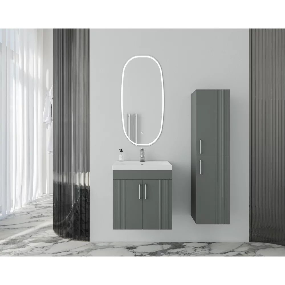 Set dulap baza suspendat Drop Lines Venus cu 2 usi antracit si lavoar 50 cm alb