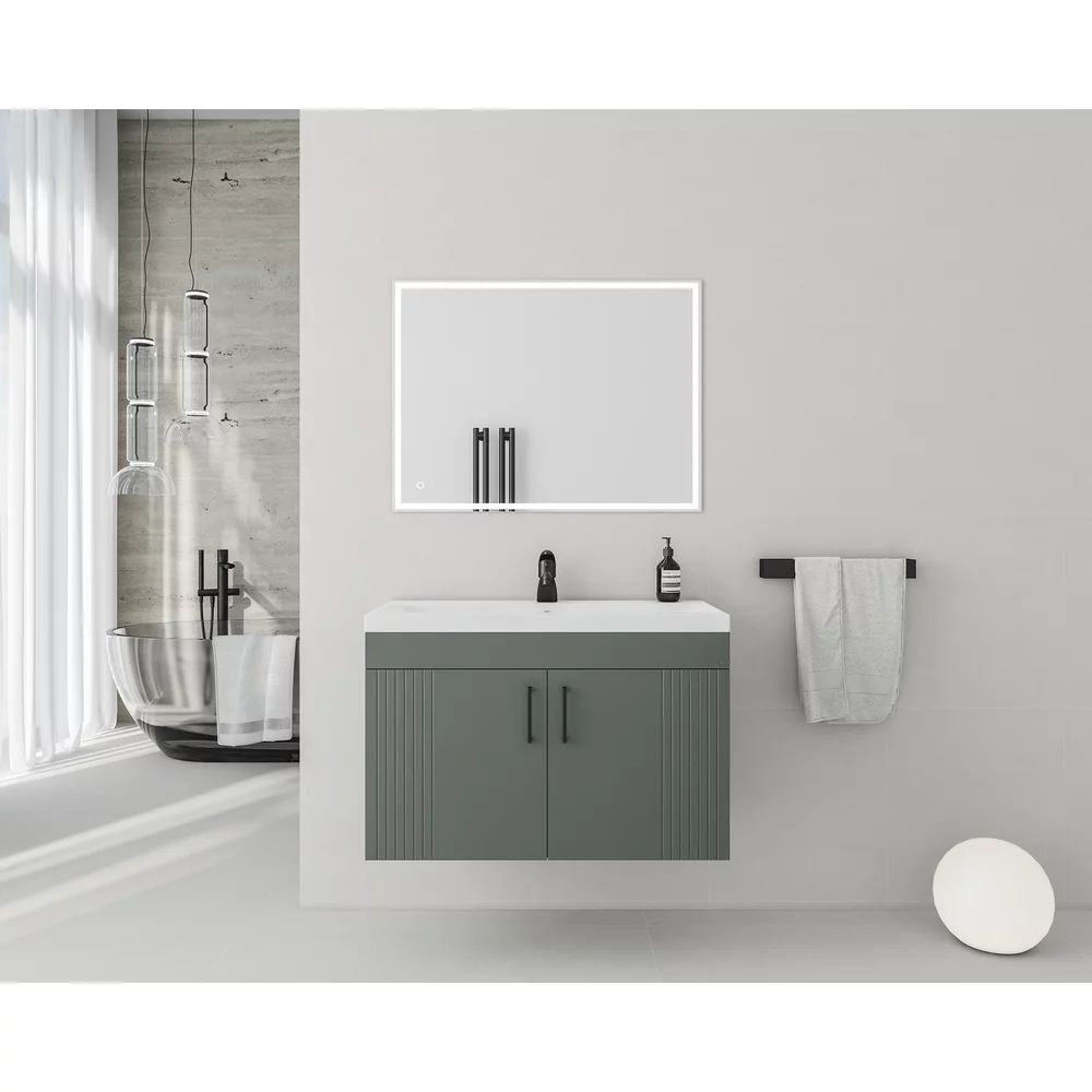 Set dulap baza suspendat Drop Lines Venus cu 2 usi antracit si lavoar 80 cm alb