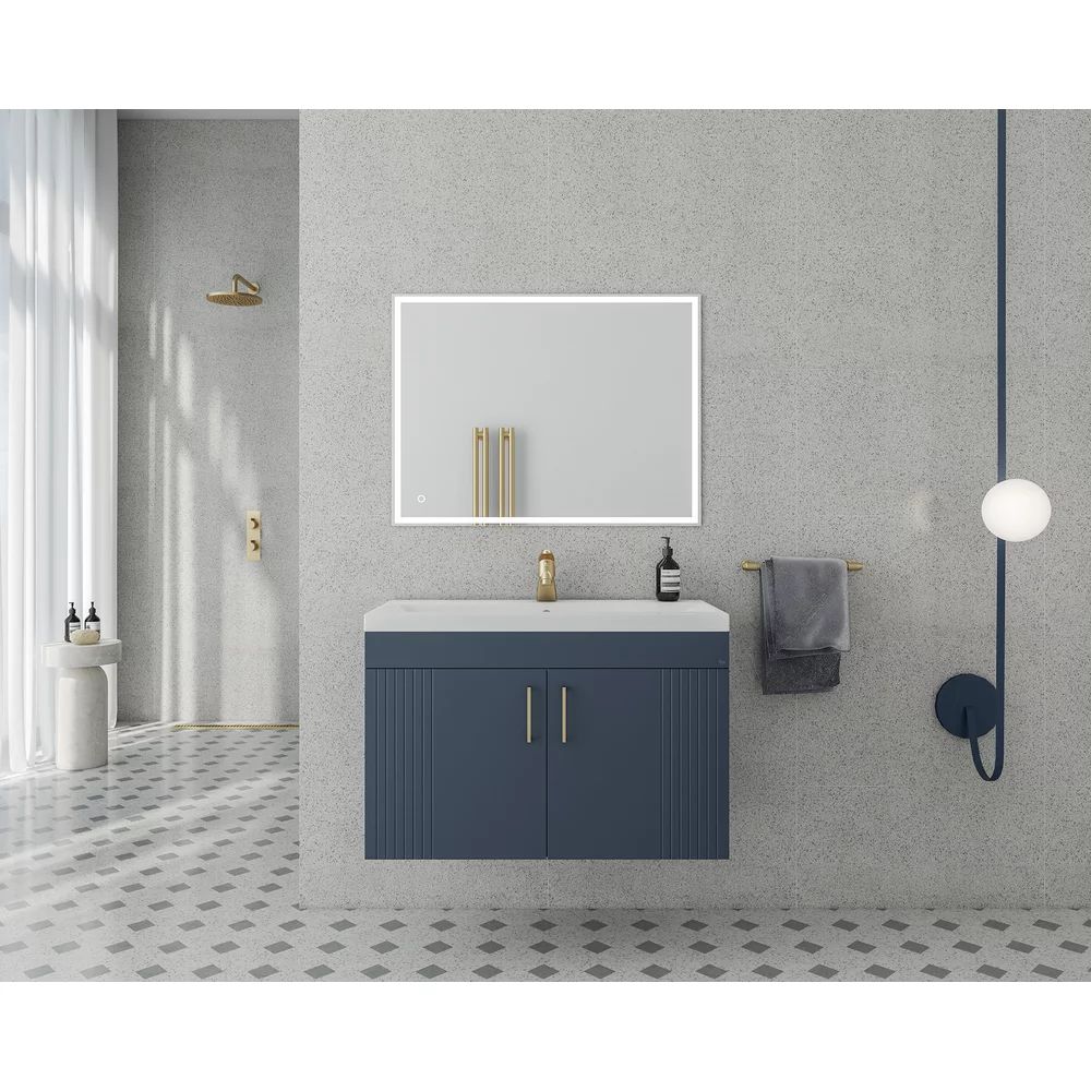 Set dulap baza suspendat Drop Lines Venus cu 2 usi bleumarin si lavoar 80 cm alb