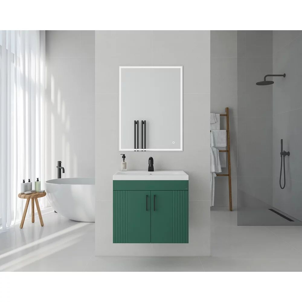 Set dulap baza suspendat Drop Lines Venus cu 2 usi verde si lavoar 60 cm alb