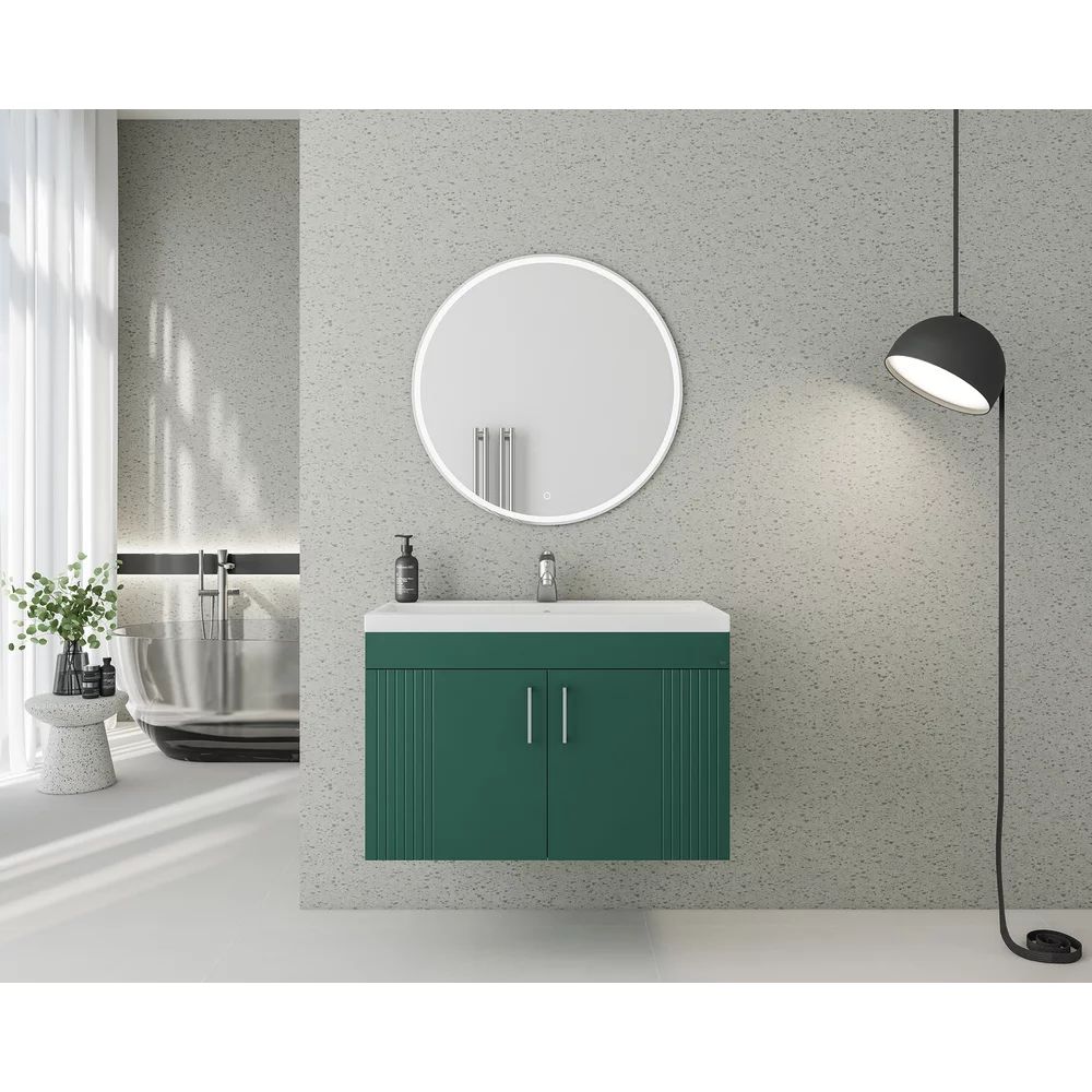Set dulap baza suspendat Drop Lines Venus cu 2 usi verde si lavoar 80 cm alb