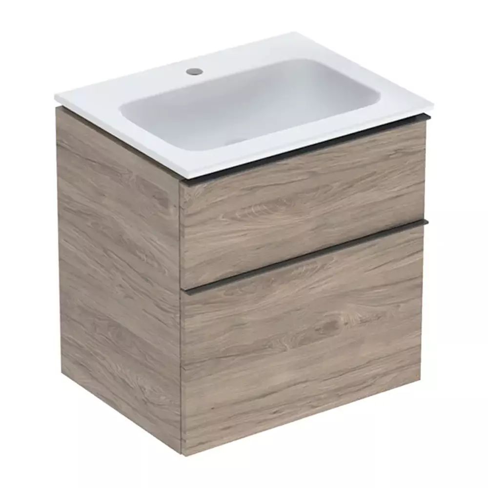 Set dulap baza suspendat Geberit iCon finisaj nuc Hickory 2 sertare si lavoar alb 60 cm