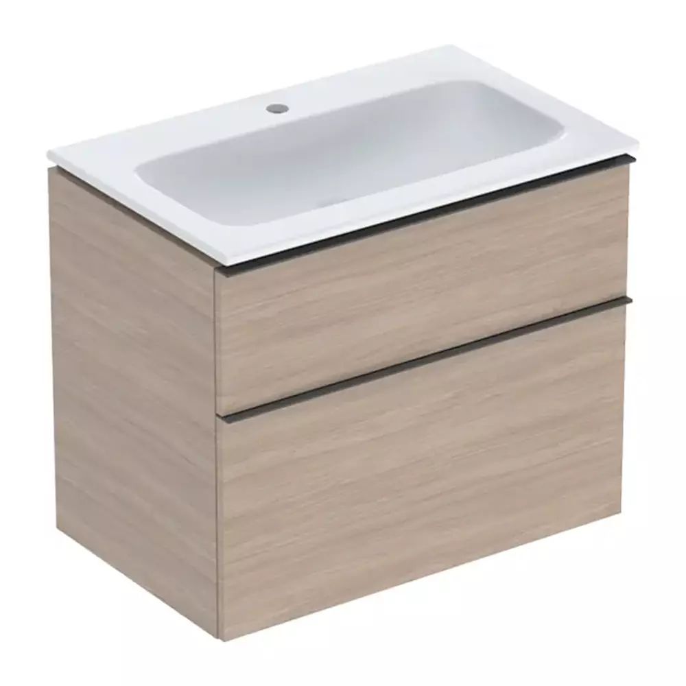 Set dulap baza suspendat Geberit iCon finisaj stejar 2 sertare si lavoar 75 cm alb