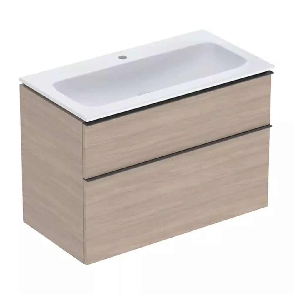 Set dulap baza suspendat Geberit iCon finisaj stejar 2 sertare si lavoar 90 cm alb