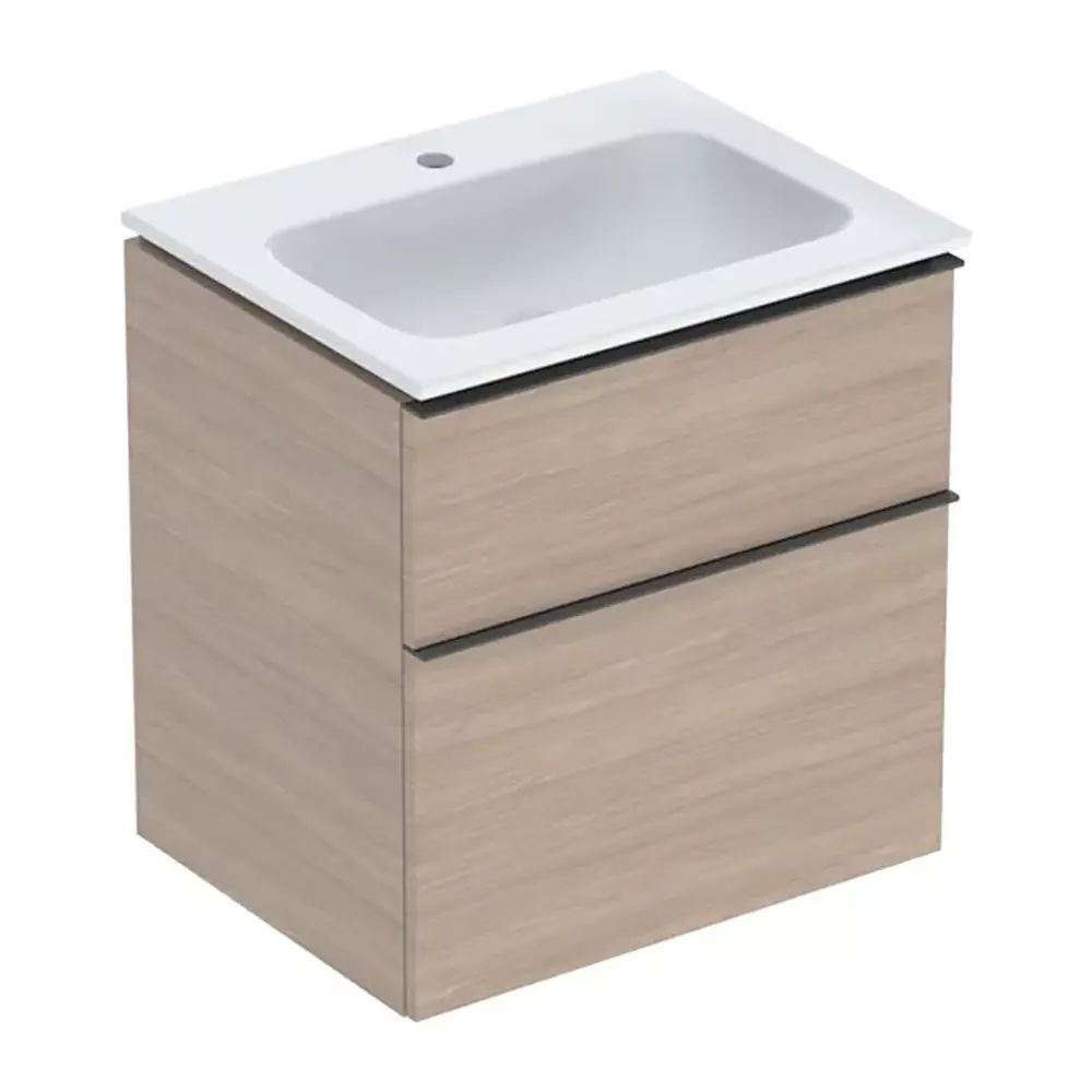 Set dulap baza suspendat Geberit iCon finisaj stejar 2 sertare si lavoar alb 60 cm