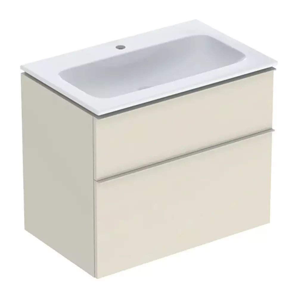 Set dulap baza suspendat Geberit iCon gri nisip lucios 2 sertare si lavoar 75 cm alb