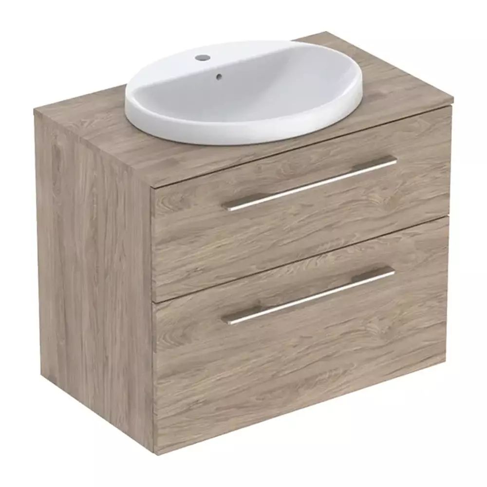 Set dulap baza suspendat Geberit Selnova Square finisaj nuc american Hickory 2 sertare si lavoar 80 cm