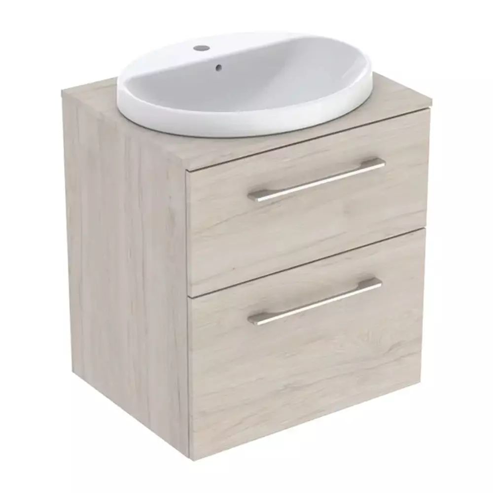 Set dulap baza suspendat Geberit Selnova Square finisaj nuc american Hickory deschis 2 sertare si lavoar 60 cm