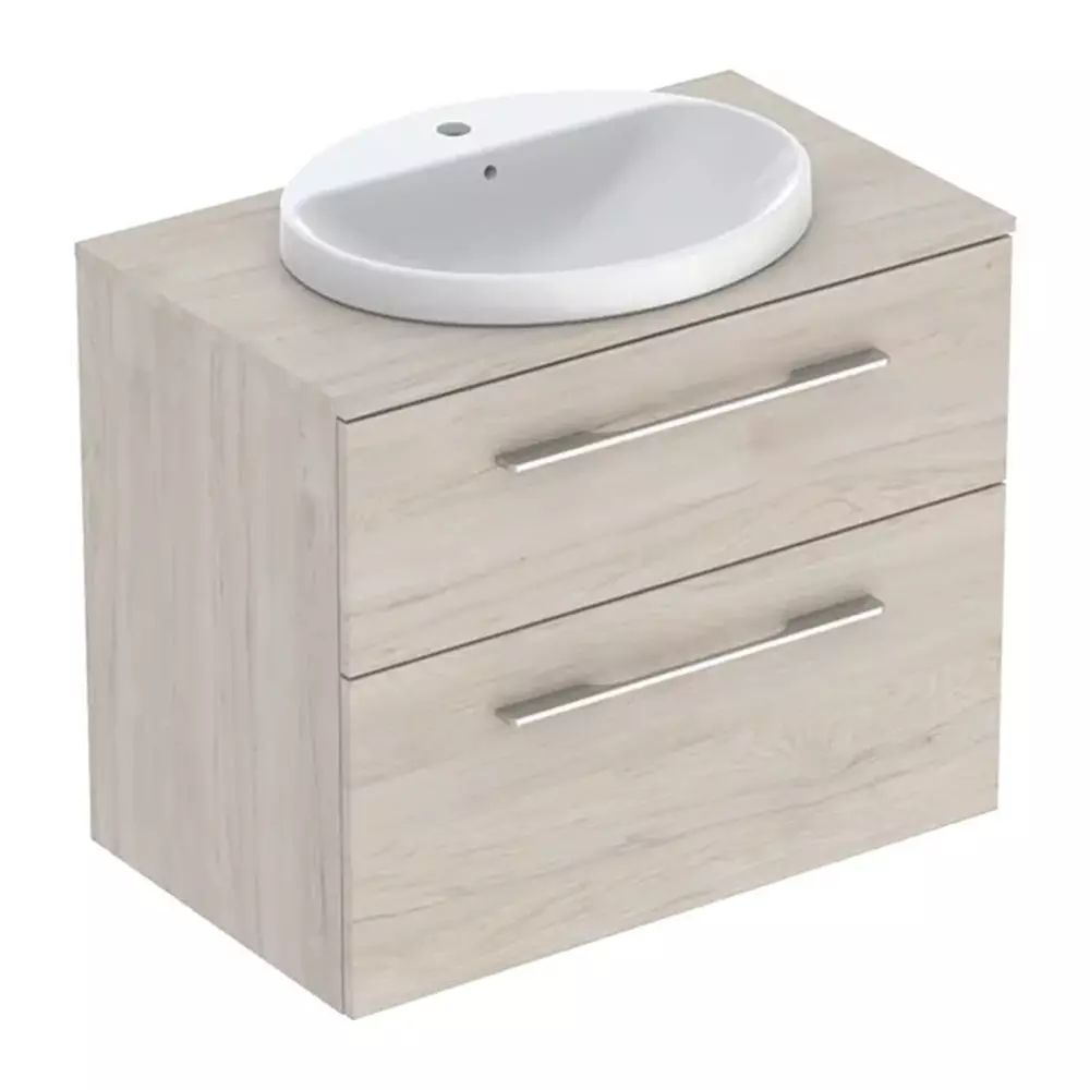 Set dulap baza suspendat Geberit Selnova Square finisaj nuc american Hickory deschis 2 sertare si lavoar 80 cm