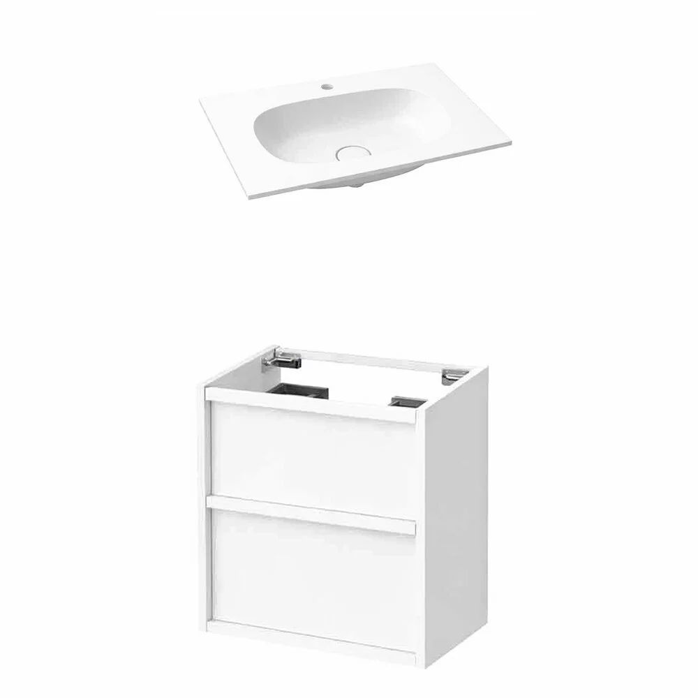 Set dulap baza suspendat KolpaSan Storia 2 sertare 60 cm finisaj alb cu lavoar compozit Kerrock alb