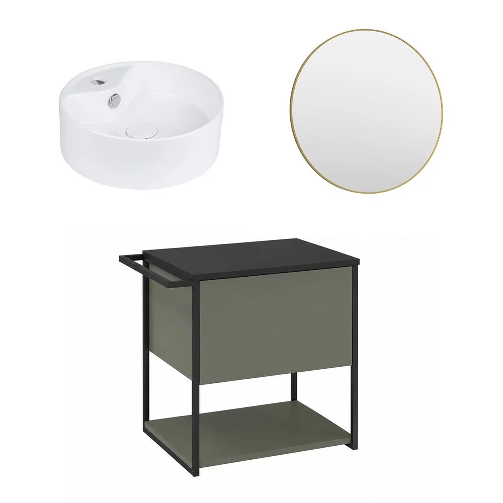 Set dulap baza suspendat Krofam Lov verde-negru 60 cm blat negru cu lavoar 38 cm si oglinda cu rama aurie
