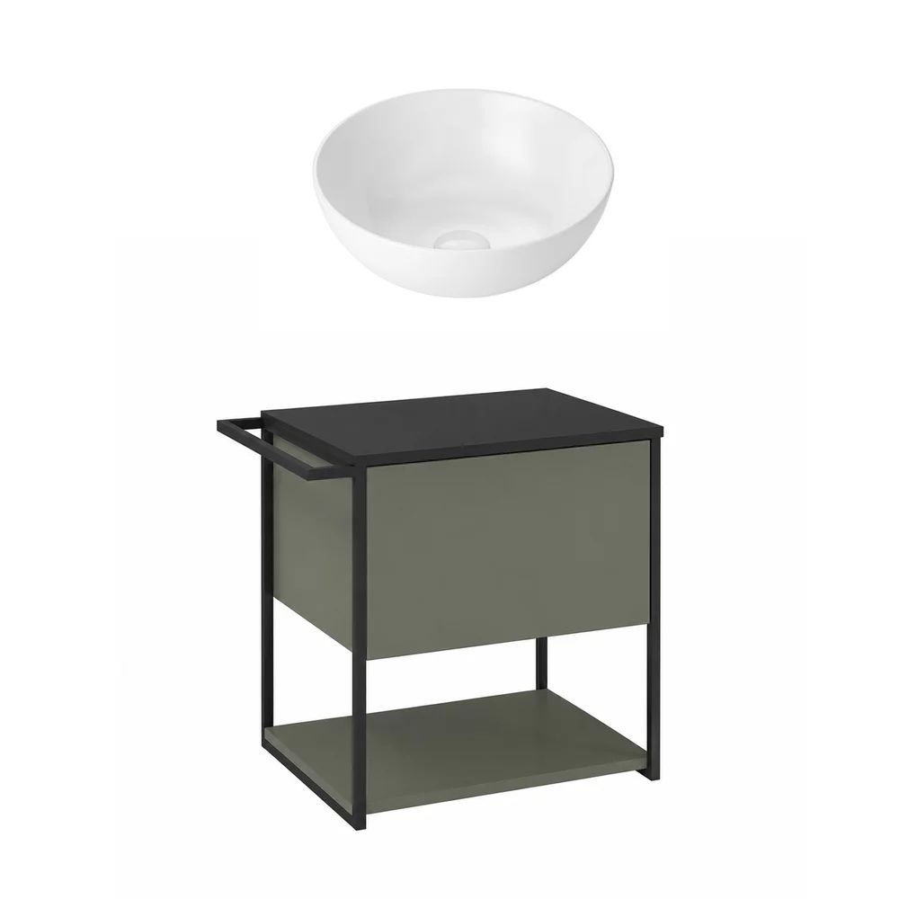 Set dulap baza suspendat Krofam Lov verde-negru 60 cm blat negru cu lavoar 39 cm