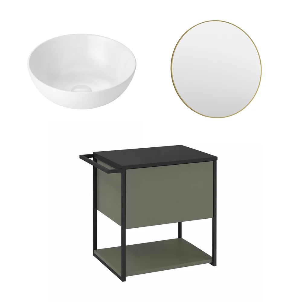 Set dulap baza suspendat Krofam Lov verde-negru 60 cm blat negru cu lavoar 39 cm si oglinda cu rama aurie