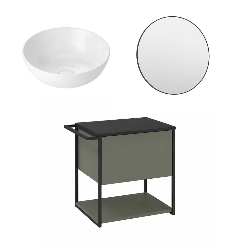 Set dulap baza suspendat Krofam Lov verde-negru 60 cm blat negru cu lavoar 39 cm si oglinda cu rama neagra
