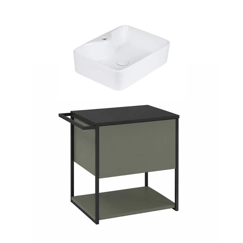 Set dulap baza suspendat Krofam Lov verde-negru 60 cm blat negru cu lavoar 49x38 cm