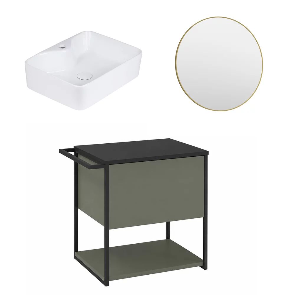 Set dulap baza suspendat Krofam Lov verde-negru 60 cm blat negru cu lavoar 49x38 cm si oglinda cu rama aurie