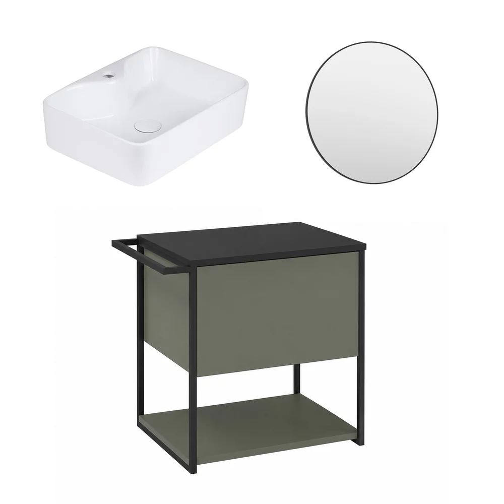 Set dulap baza suspendat Krofam Lov verde-negru 60 cm blat negru cu lavoar 49x38 cm si oglinda cu rama neagra