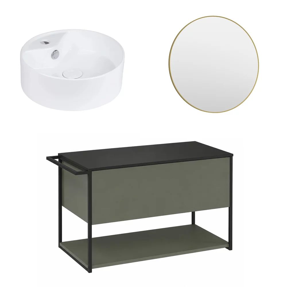 Set dulap baza suspendat Krofam Lov verde-negru 80 cm blat negru cu lavoar 38 cm si oglinda