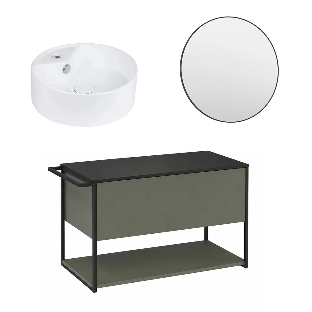Set dulap baza suspendat Krofam Lov verde-negru 80 cm blat negru cu lavoar 38 cm si oglinda