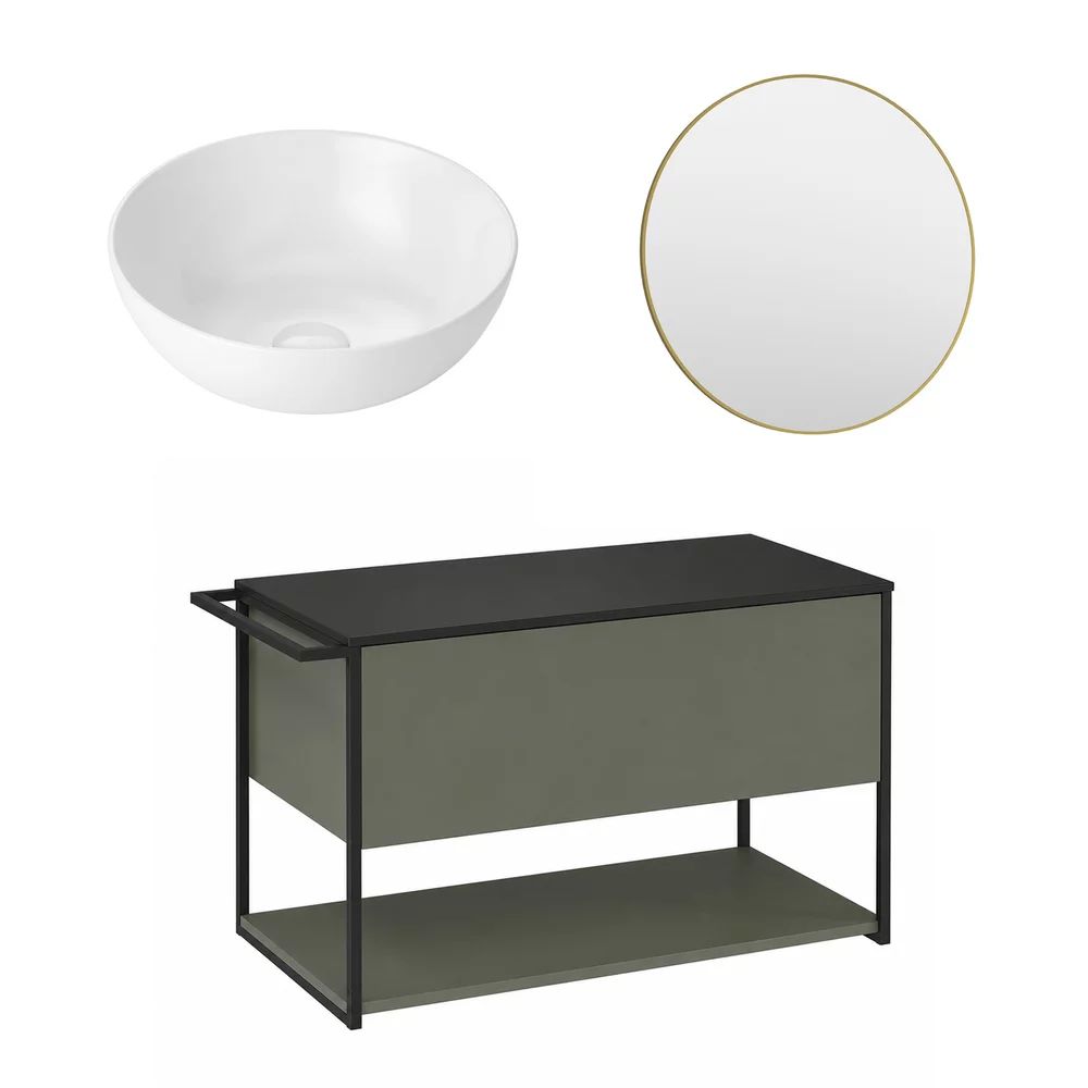 Set dulap baza suspendat Krofam Lov verde-negru 80 cm blat negru cu lavoar 39 cm si oglinda