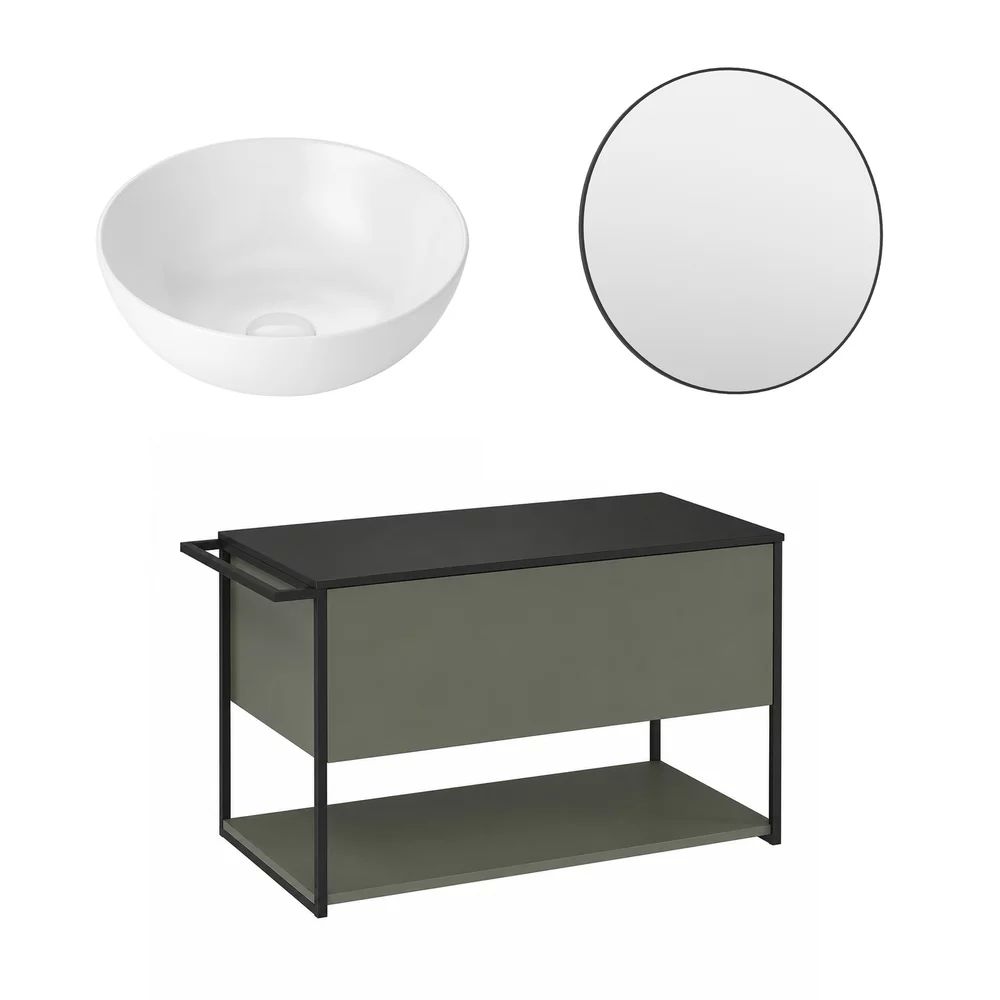 Set dulap baza suspendat Krofam Lov verde-negru 80 cm blat negru cu lavoar 39 cm si oglinda
