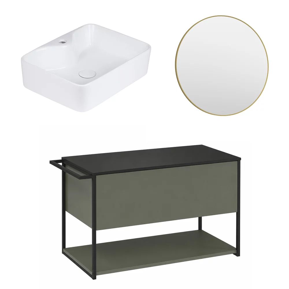 Set dulap baza suspendat Krofam Lov verde-negru 80 cm blat negru cu lavoar si oglinda