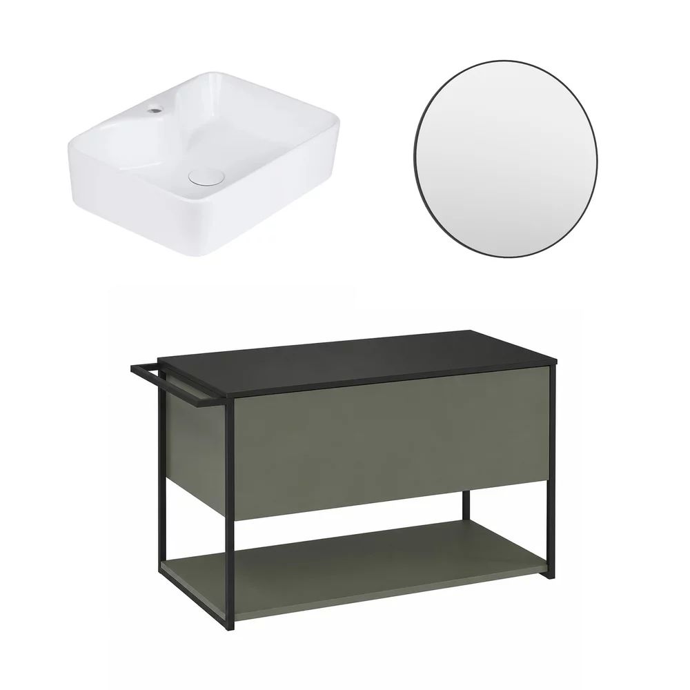 Set dulap baza suspendat Krofam Lov verde-negru 80 cm blat negru cu lavoar si oglinda
