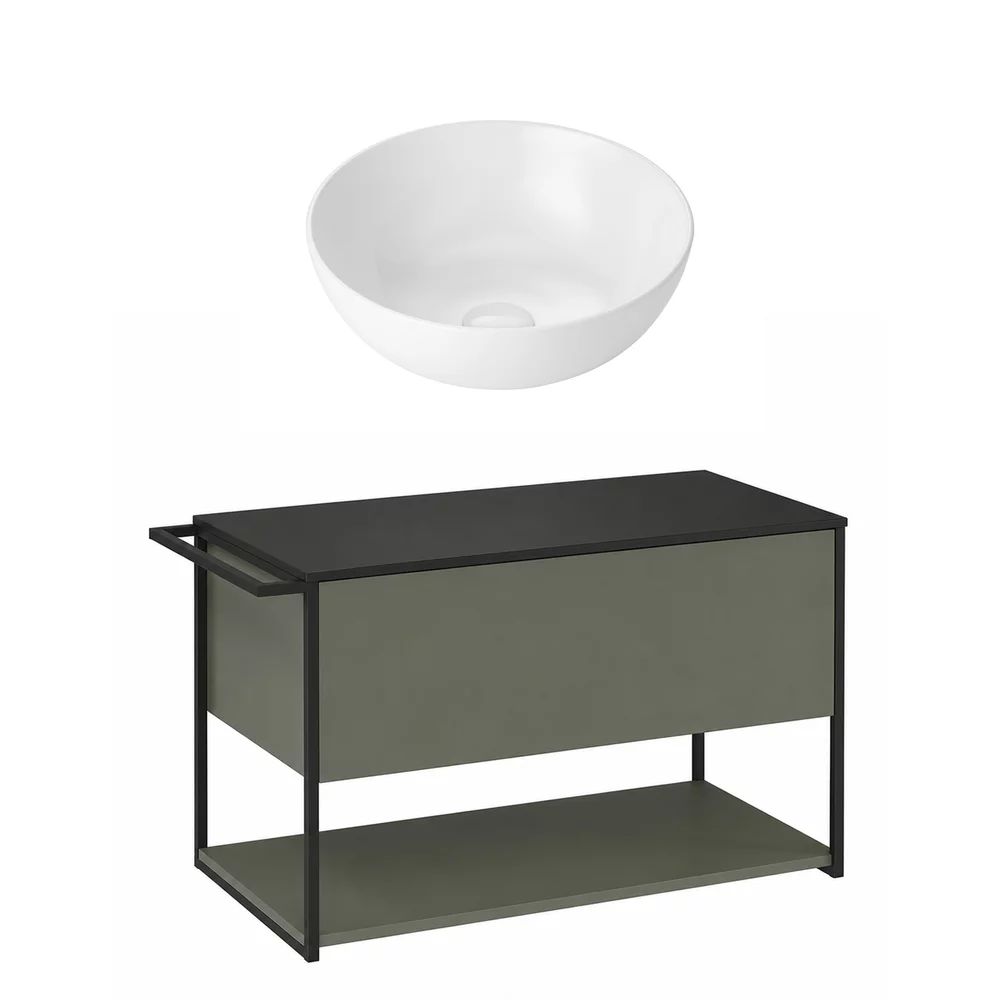 Set dulap baza suspendat Krofam Lov verde-negru 80 cm blat negru si lavoar 39 cm