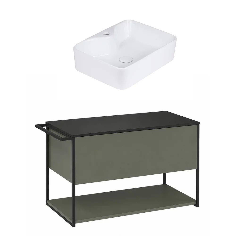Set dulap baza suspendat Krofam Lov verde-negru 80 cm blat negru si lavoar 49x38 cm