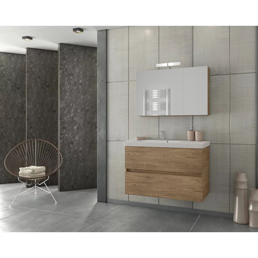 Set dulap baza suspendat maro si lavoar alb Drop Luxus 85 cm