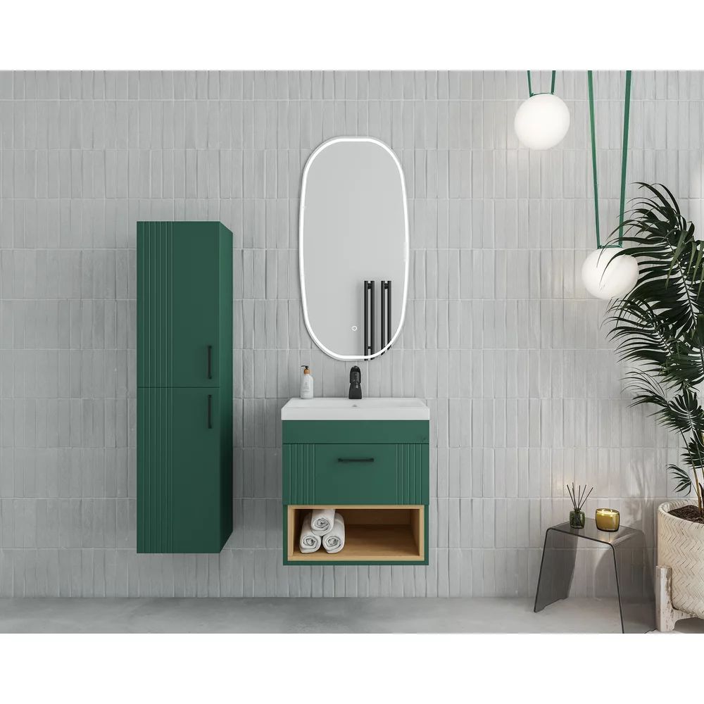 Set dulap baza suspendat verde cu 1 sertar si lavoar alb Drop Lines Diana 50 cm