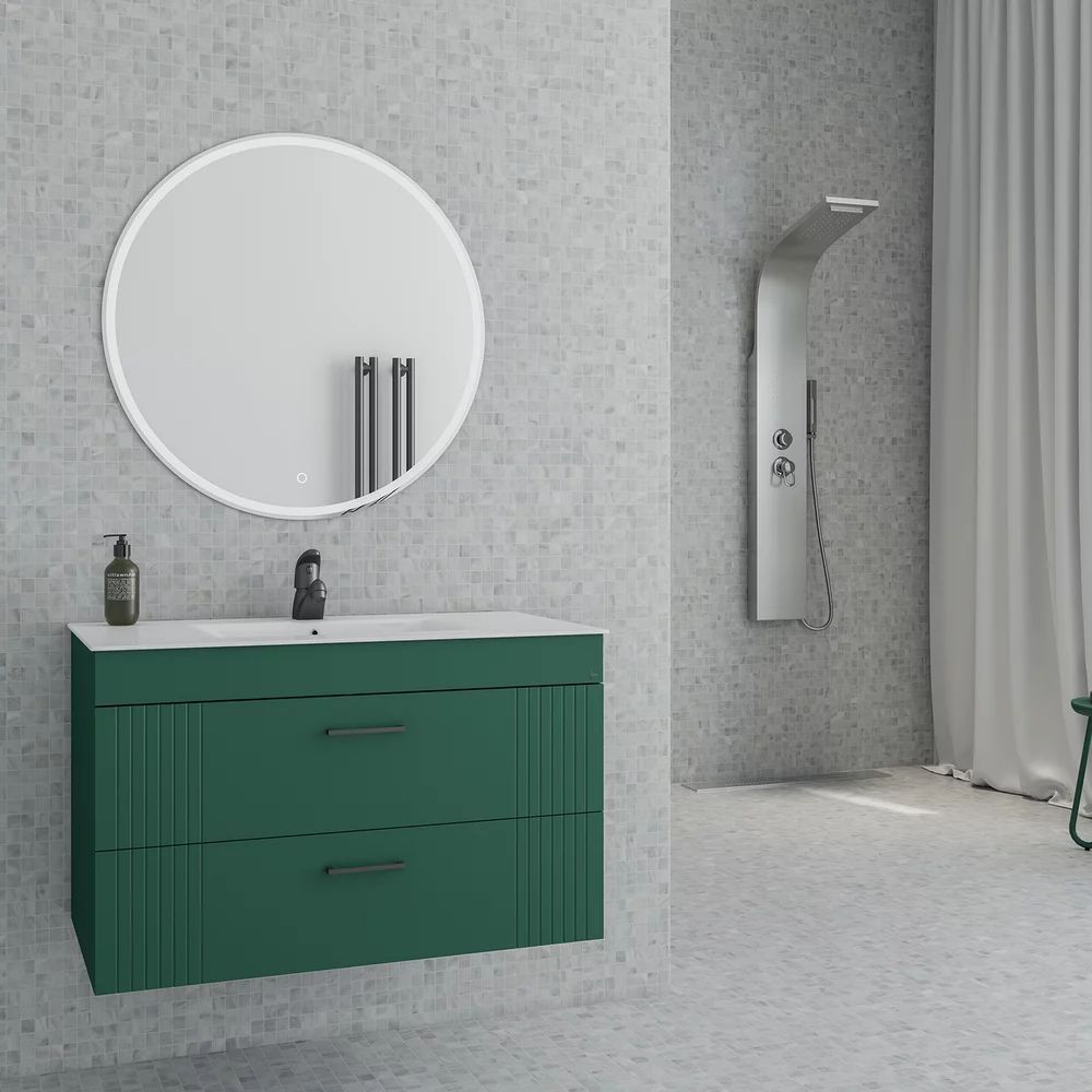 Set dulap baza suspendat verde cu 2 sertare Drop Lines Athena si lavoar alb 80 cm