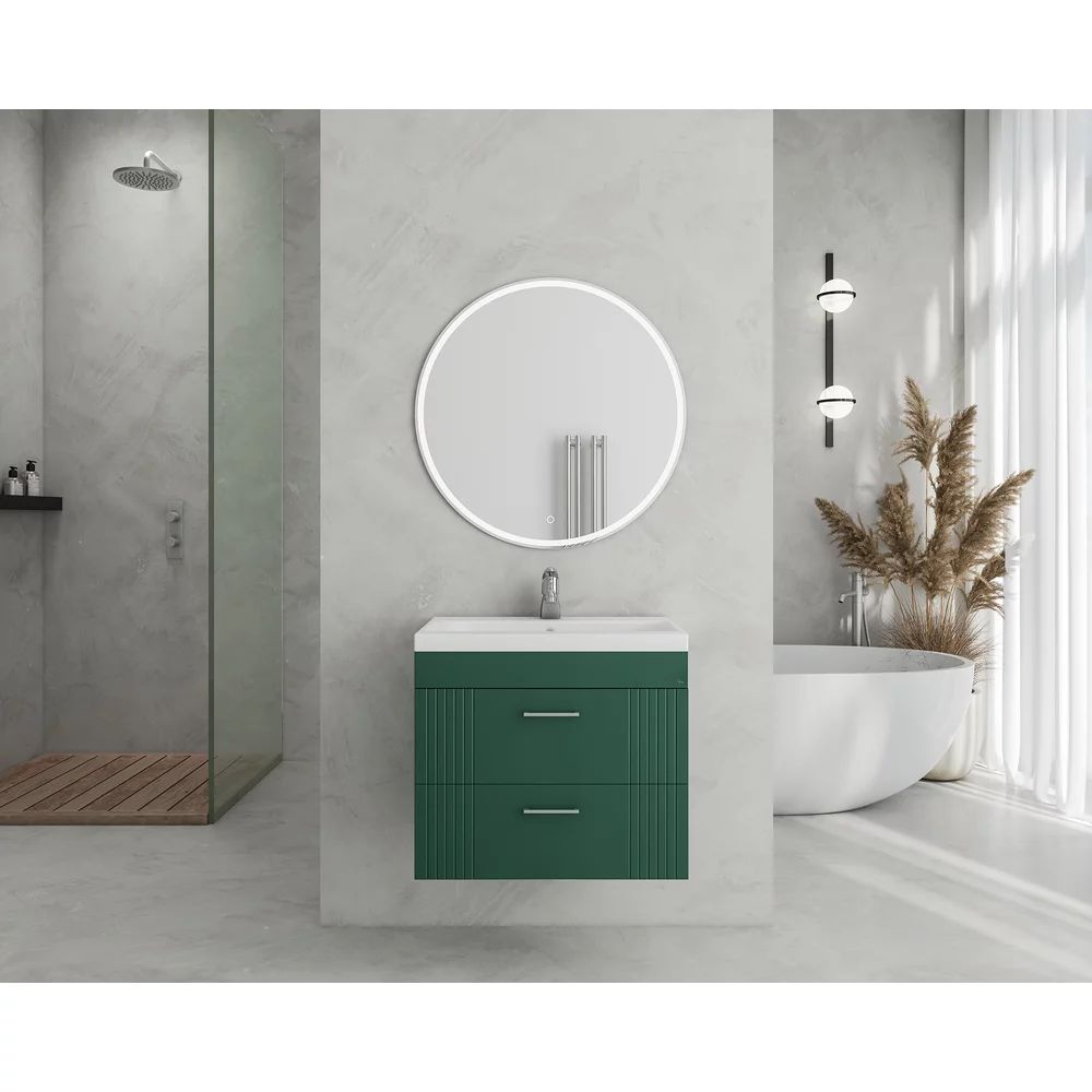 Set dulap baza suspendat verde cu 2 sertare si lavoar alb Drop Lines Diana 60 cm