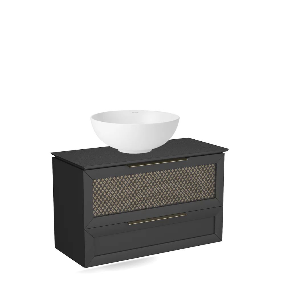 Set dulap pe pardoseala auriu/negru Krofam Chic 100 cm, blat negru Krofam Chic 100 cm si lavoar