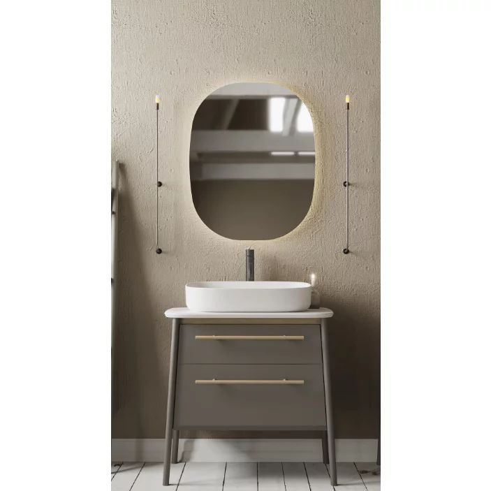 Set dulap pe pardoseala gri Krofam Dukla 78 cm, lavoar pe blat Krofam Dukla 55 cm si oglinda