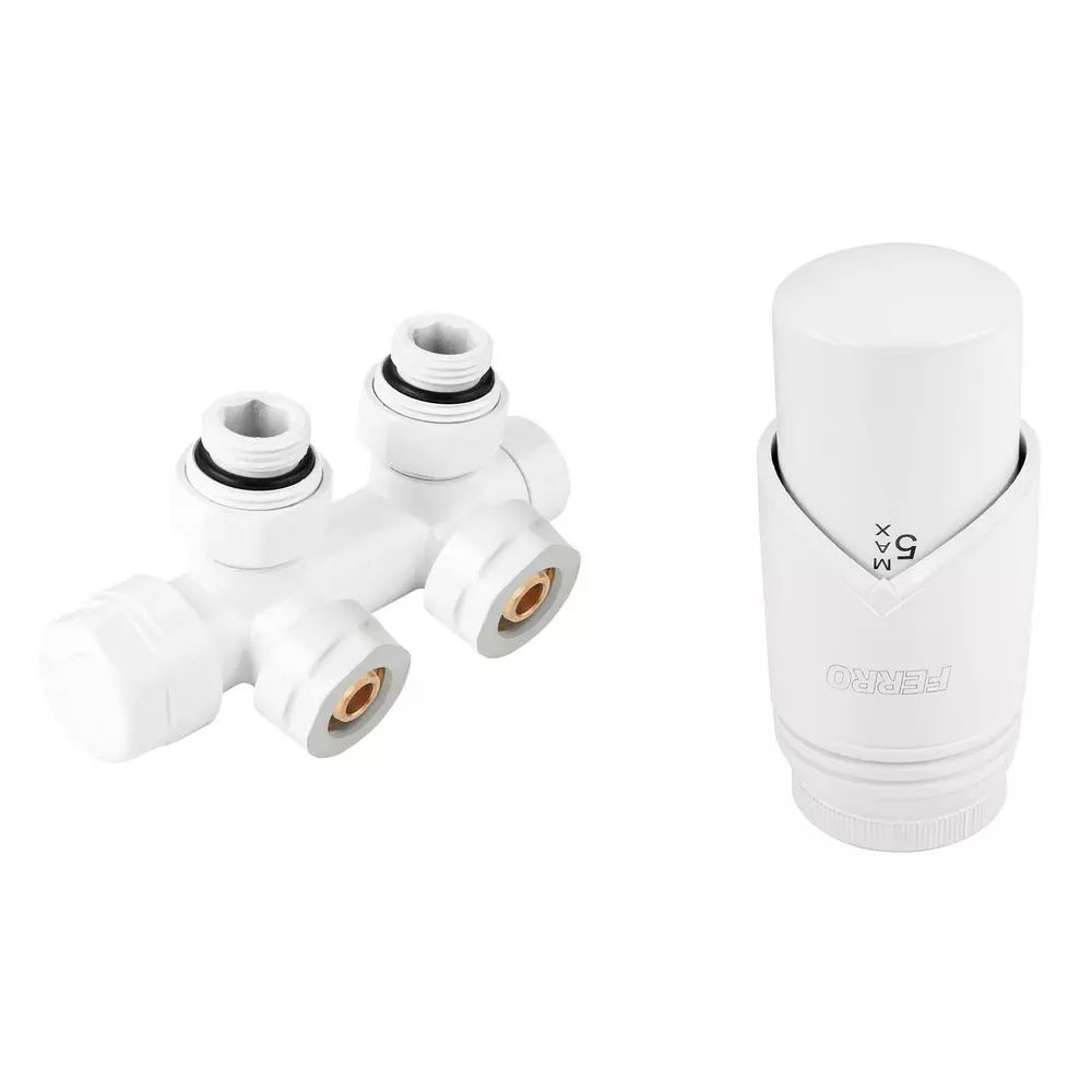 Set robinet coltar termostatic decorativ dublu integrat 3/4”x1/2” Ferro alb