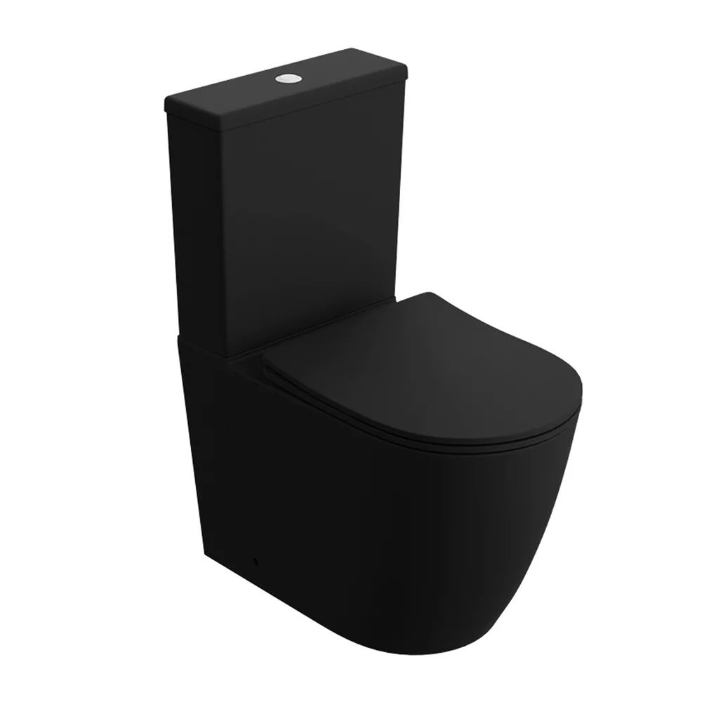 Set vas WC compact pe pardoseala Rune Gunvor Rimless negru cu rezervor si capac softclose