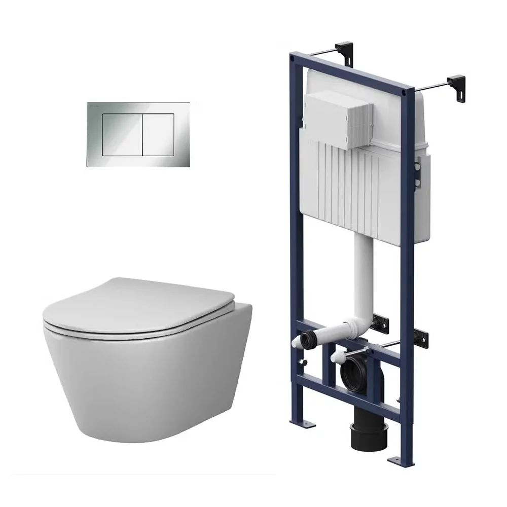 Set vas WC suspendat AM.PM X-Joy S FlashClean cu capac softclose alb lucios, rezervor incastrat si clapeta de actionare crom