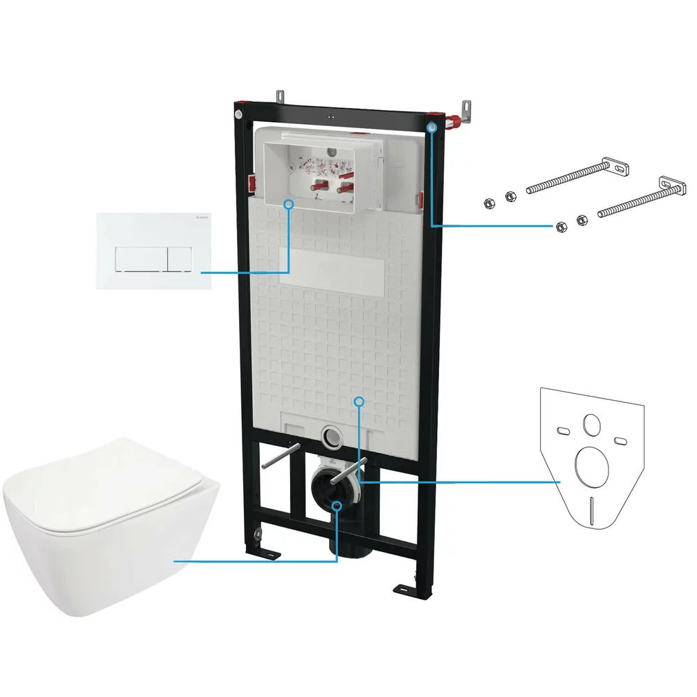 Set vas wc suspendat cu capac Deante Hiacynt New rimless, rezervor incastrat si clapeta actionare Slim alb