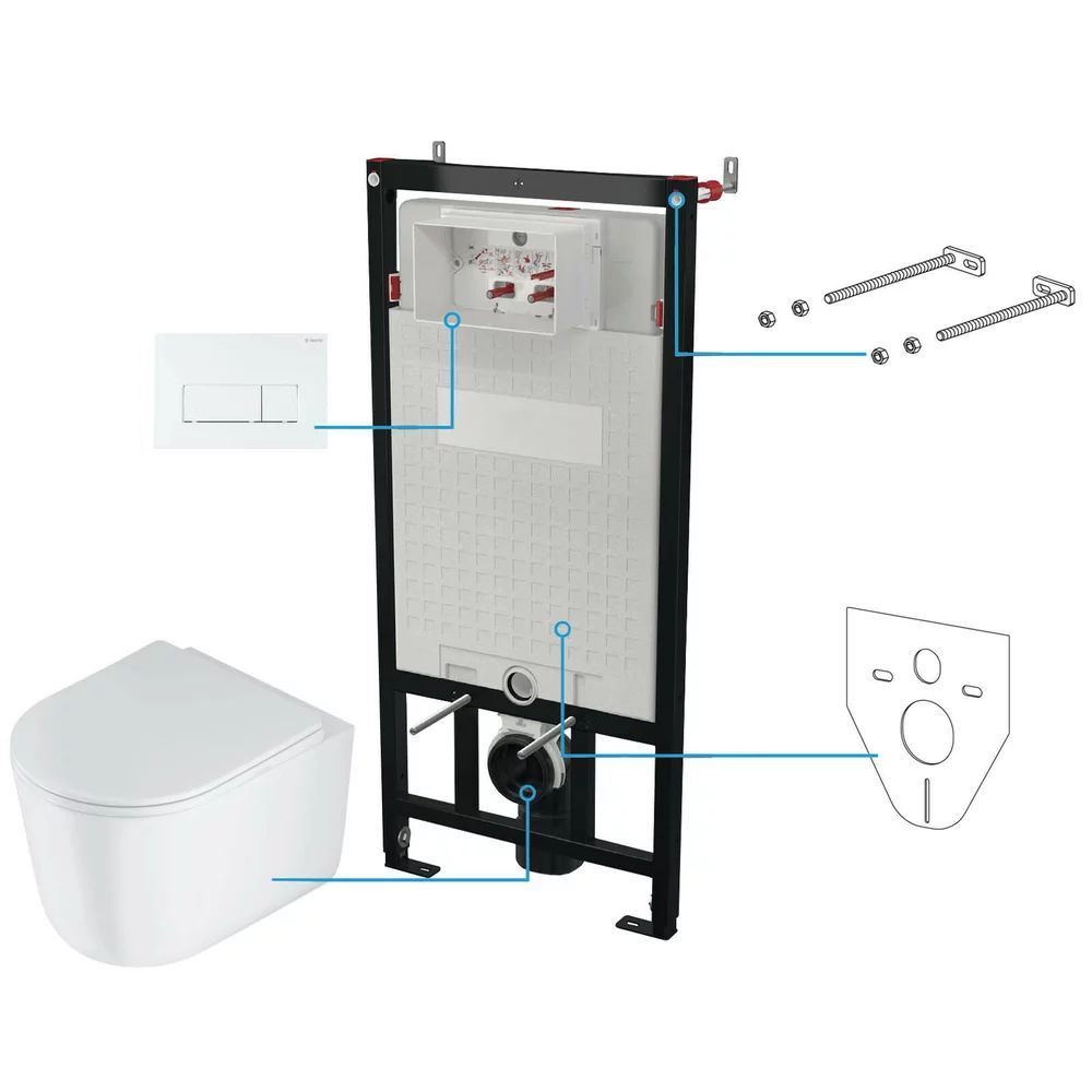 Set vas wc suspendat cu capac Deante Jasmin rimless, rezervor incastrat si clapeta actionare Slim alb