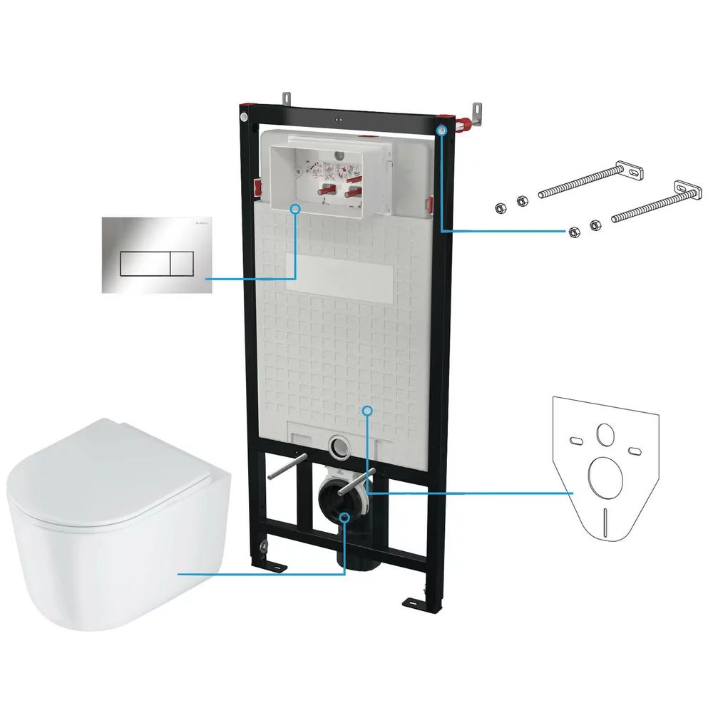 Set vas wc suspendat cu capac Deante Jasmin rimless, rezervor incastrat si clapeta actionare Slim crom