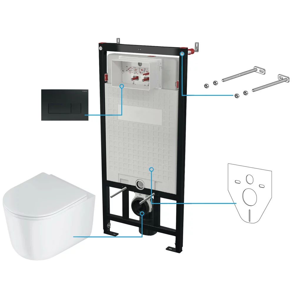 Set vas wc suspendat cu capac Deante Jasmin rimless, rezervor incastrat si clapeta actionare Slim negru