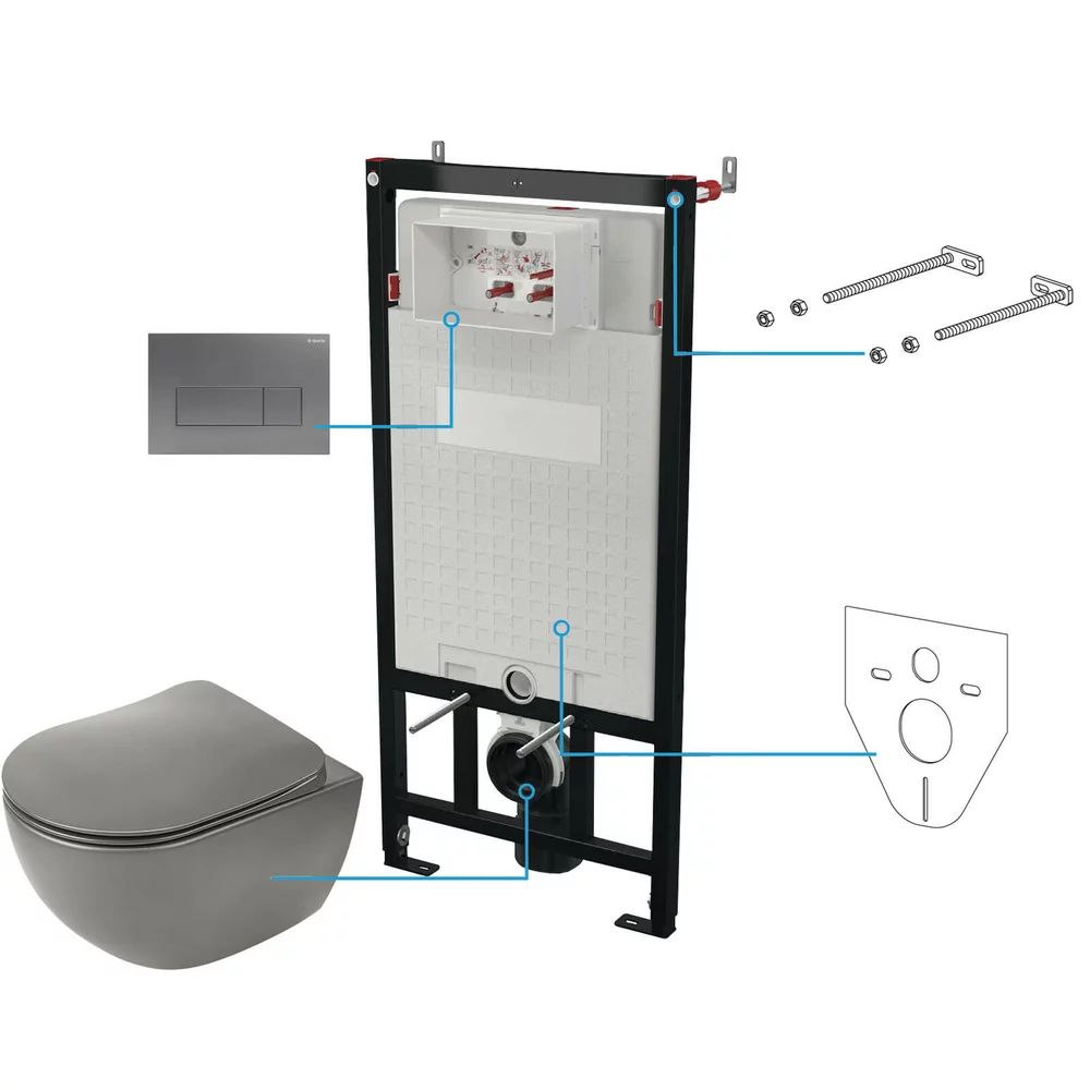 Set vas wc suspendat cu capac Deante Peonia rimless, rezervor incastrat si clapeta actionare antracit