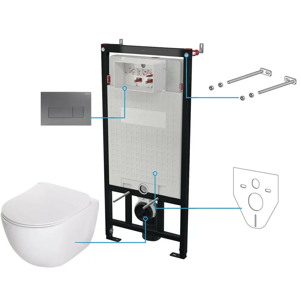 Set vas wc suspendat cu capac Deante Peonia rimless, rezervor incastrat si clapeta actionare titan