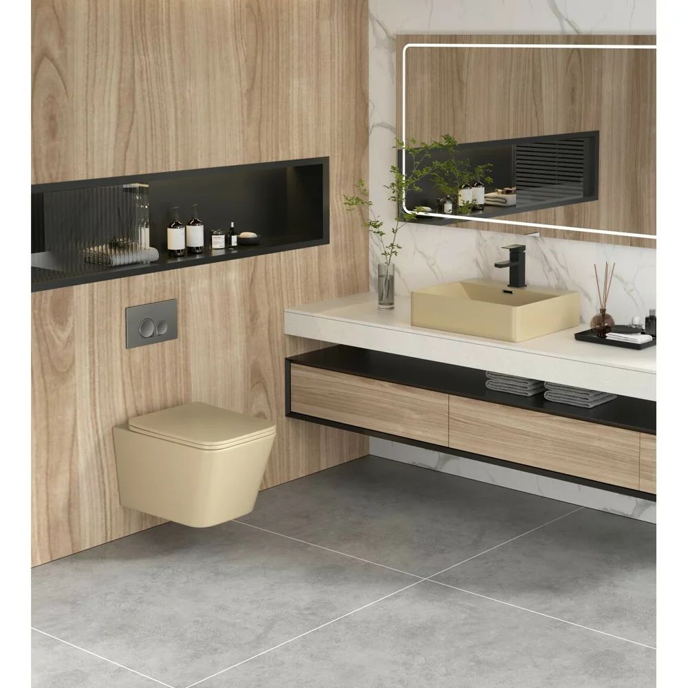 Set vas WC suspendat Inter Ceramic Rimless bej mat cu capac softclose