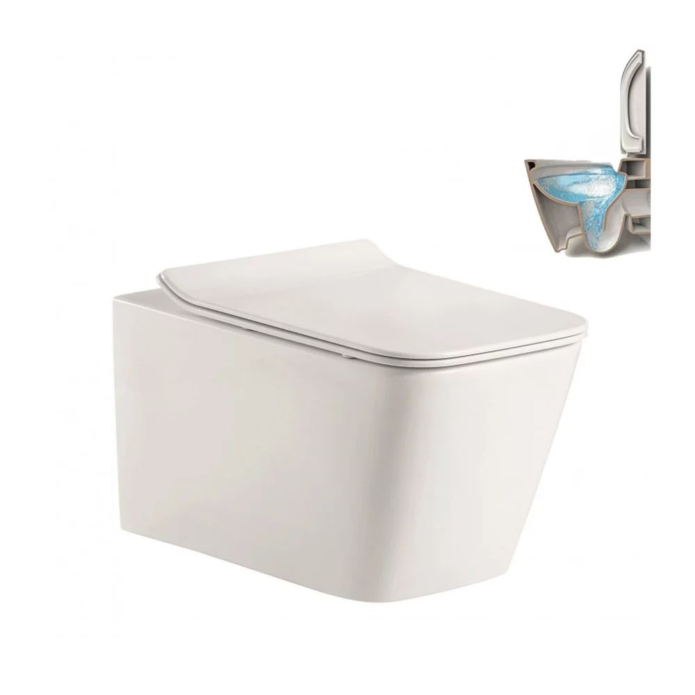 Set vas WC suspendat Inter Ceramic Rimless cu capac slim finisaj alb lucios