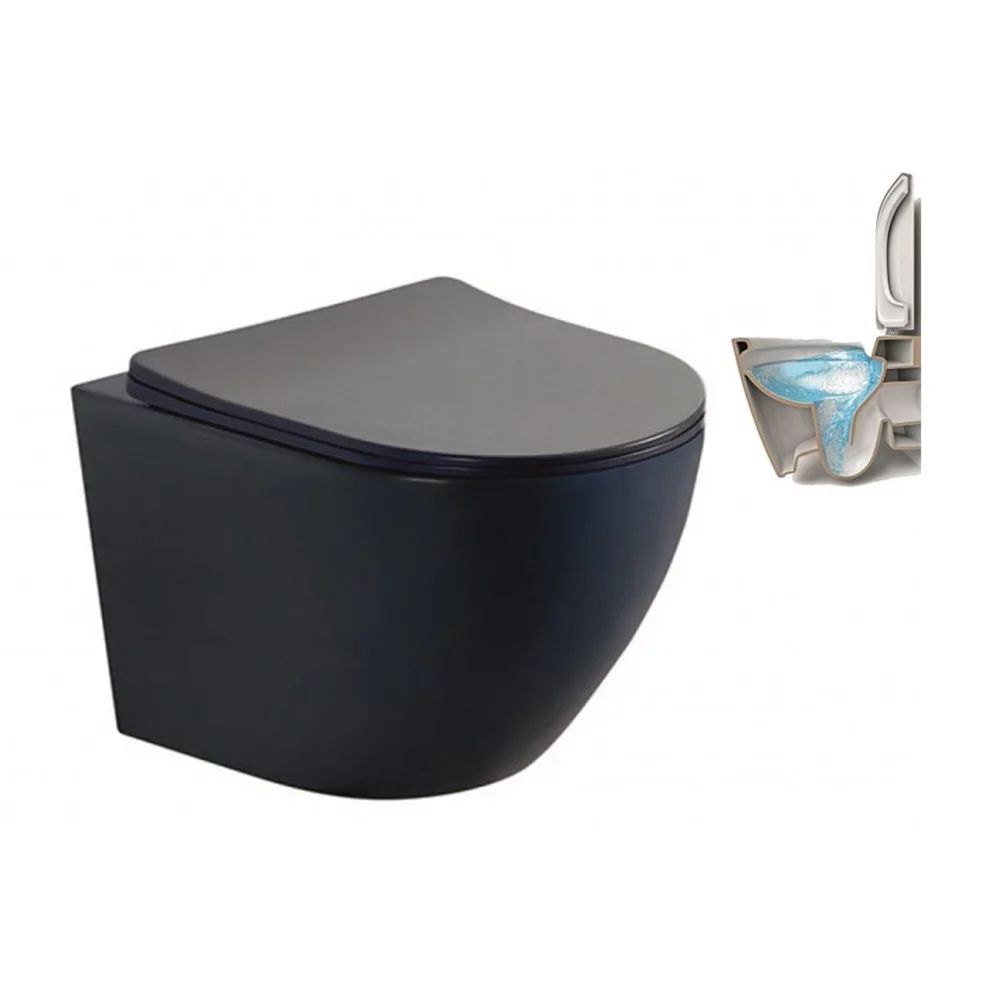 Set vas WC suspendat Inter Ceramic Tornado Rimless cu capac slim negru finisaj mat