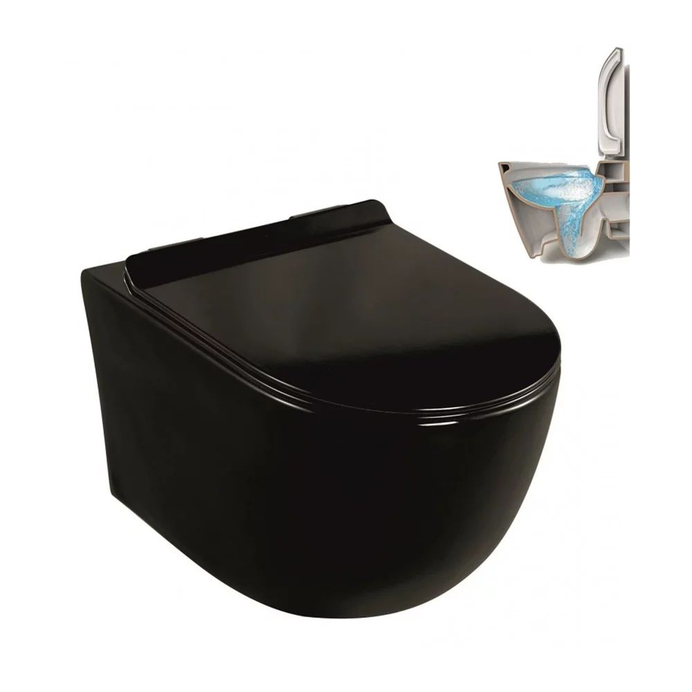 Set vas WC suspendat Inter Ceramic Rimless cu capac slim softclose finisaj negru lucios