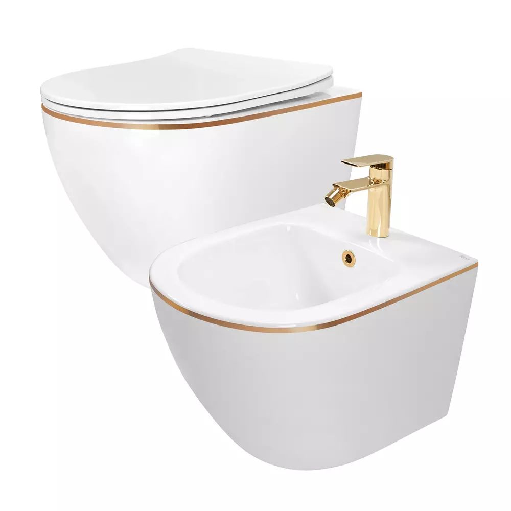 Set vas WC suspendat Rea Carlo alb - auriu cu capac softclose si bideu alb